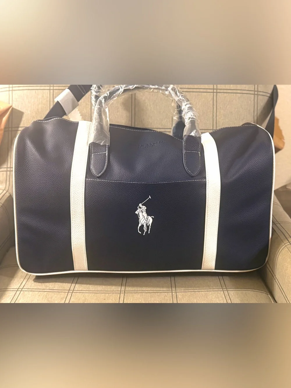 Classic !Ralph Lauren Navy and White Polo Large Vegan Leather Duffel Bag